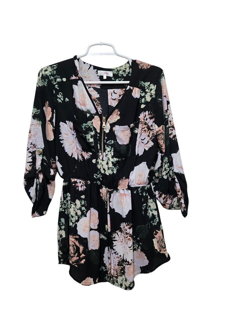 Stella Tweed Large Floral Zip Front Tunic Dress Boho Boutique Black
